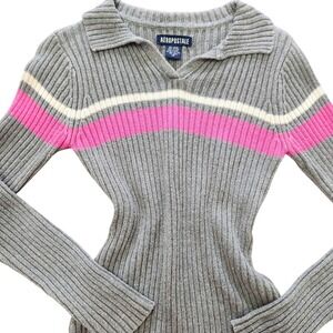 Y2k‎ Ribbed Sweater Gray & Pink Collared Aeropostale XS